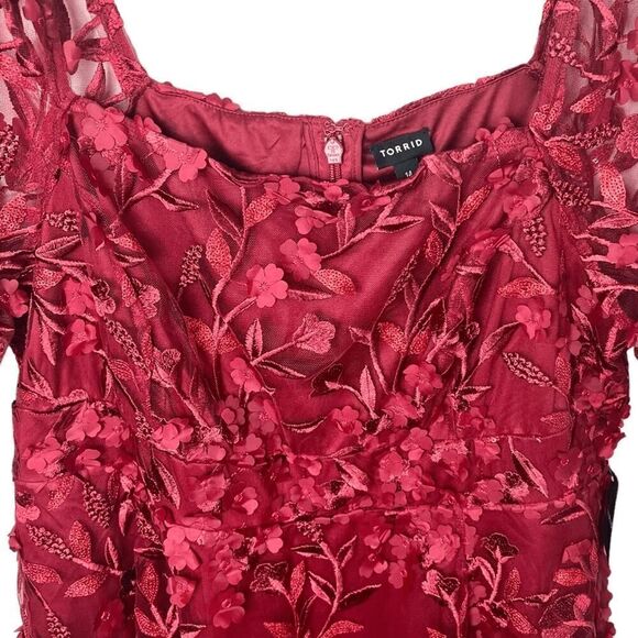 NWT Torrid Red Mini Skater Dress Textured Mesh Lace Puff Short Sleeve Sz 14 - Picture 5 of 11